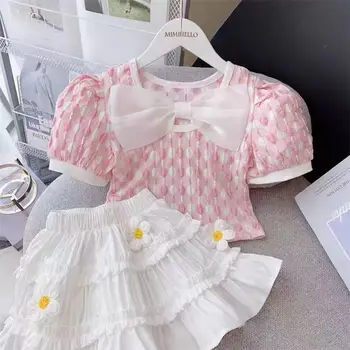 Комплект летней одежды для девочек, модные комплекты одежды для принцессы на день рождения, футболки с милым бантом + юбки с 3D цветами.