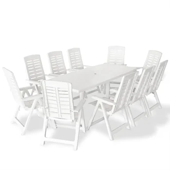 11 предметов уличной мебели из белого пластика, 10 складных стульев для обедов на открытом воздухе в садах, на террасах или в кемпингах