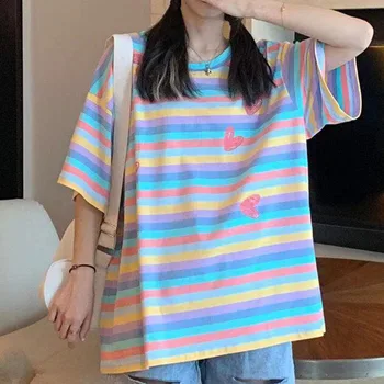 Женская футболка оверсайз в радужную полоску, повседневная футболка с круглым вырезом и коротким рукавом для студенток, японская мода, Летняя футболка в опрятном стиле.