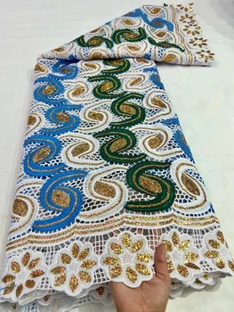 Африканская вышитая кружевная ткань Вечеринка Для вечернего платья Белая Новейшая кружевная ткань высокого качества 2023 г. Гипюровый шнур с золотыми блестками