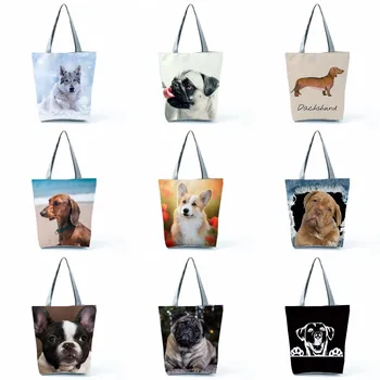 Женская эко-сумка-органайзер с милым рисунком на заказ, складные сумки для покупок, пляжная сумка на плечо с принтом собаки для путешествий