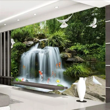 Обои beibehang на заказ фрески для гостиной проточная вода богатство водопад кальмар лотос голубь фон декоративная живопись