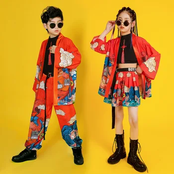 Одежда в стиле хип-хоп в китайском стиле, топы с длинными рукавами для девочек, брюки в стиле хип-хоп, одежда для бальных танцев для мальчиков, детский сценический костюм для уличных танцев