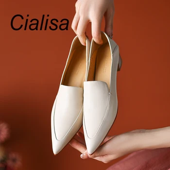 Женская обувь Cialisa Весна 2023, Новое поступление, острый носок, натуральная кожа, Лаконичная Повседневная женская обувь ручной работы на низком каблуке Коричневого цвета