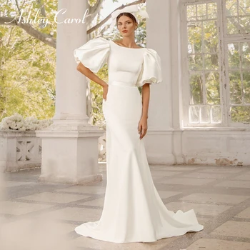 Свадебное платье русалки Ashley Carol 2022, стильное атласное платье невесты с пышными рукавами, съемный шлейф, бант 2 в 1, простое свадебное платье с бантом