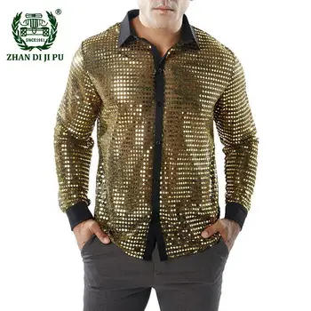 Золотая прозрачная рубашка Для мужчин, Прозрачная рубашка с длинным рукавом, мужские рубашки для дискотек 70-х, ночной клуб, Сценический костюм для выпускного вечера, camisas XXL