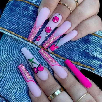 24шт накладных ногтей с полным покрытием, Розовые французские накладные ногти с вишневым рисунком, длинные балетные накладки на ногти, советы по маникюру, нейл-арт