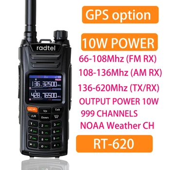 Radtel RT-620 GPS 10 Вт 136-620 МГц Любительская Ветчина Двухстороннее Радио Satcom 999CH Air Band Walkie Talkie Цветной ЖК-дисплей Полиция NOAA Авиация