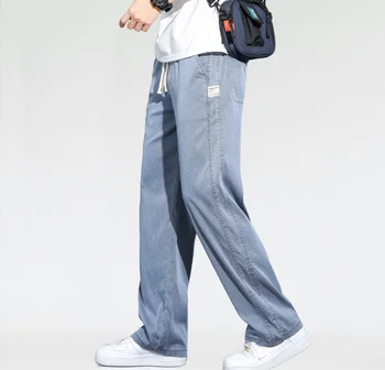 Мужские джинсы из мягкой ткани Lyocell, тонкие Свободные Прямые брюки с эластичной резинкой на талии, Корейские повседневные брюки, большие размеры M-5XL