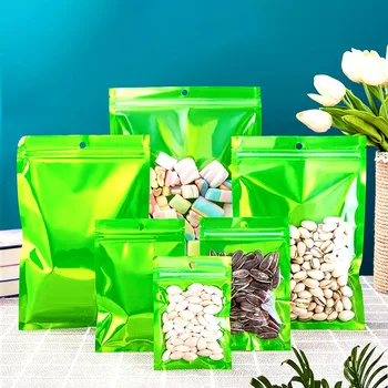 Зеленый пакет из алюминиевой фольги Пластиковые пакеты с застежкой-молнией Сумки для хранения продуктов Пакеты для упаковки подарков Закрывающиеся плоские пакеты на молнии 100шт