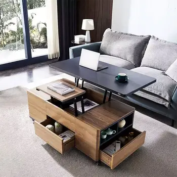 Современный журнальный столик с подъемной столешницей, многофункциональный столик с 3 выдвижными ящиками из орехового дерева и черного цвета