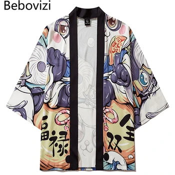 Косплей Рубашка Блузка для женщин Юката Летняя пляжная одежда Хаори Традиционное японское аниме Панда Кимоно Брюки Комплект Кардиган