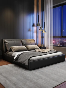 Легкая роскошная современная простая итальянская чрезвычайно простая кожаная кровать в главной спальне высококачественная двуспальная кровать из массива дерева