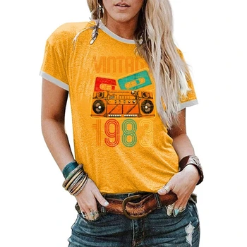Женская летняя футболка с коротким рукавом и буквенным принтом Vintage 83 40th Birthday, милый пуловер с графическим цветным блоком Boom Box, топ с цветными блоками