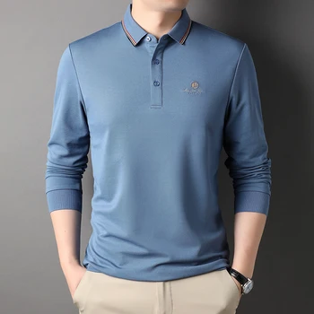 MLSHP Весенне-осенние мужские рубашки поло для гольфа с высококачественной вышивкой и длинным рукавом, деловые простые однотонные мужские футболки