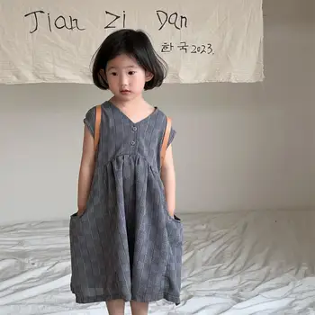 Корейская детская одежда 2023, летнее новое платье для девочек, простое хлопчатобумажное платье Sen с большим карманом