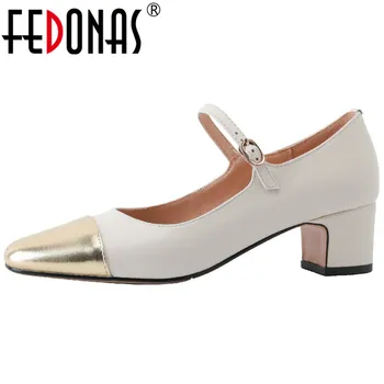 FEDONAS/ Весенне-летние женские туфли-лодочки; винтажные элегантные офисные вечерние туфли на толстом каблуке; разноцветная женская обувь Мэри Джейнс из натуральной кожи;
