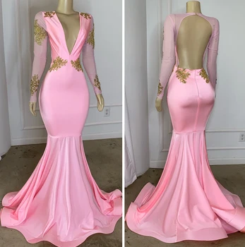 Розовые Длинные платья для выпускного вечера 2023, сексуальные вечерние платья с золотой аппликацией и длинными рукавами в стиле Русалки для африканских черных девушек.