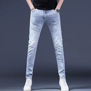 Светло-голубые мужские джинсы, Повседневные брюки Slim Fit, Уличная одежда, Байкерские джинсовые брюки в стиле Пэчворк CP2202
