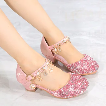 Кожаные туфли для девочек, туфли принцессы на высоком каблуке, новые туфли для вечеринок с украшениями в виде кристаллов весной и осенью 2023 года