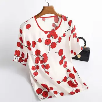Новая летняя Женская Корейская элегантная повседневная рубашка 2023 года с круглым вырезом и коротким рукавом, рубашка с цветочным принтом, модные Женские свободные рубашки, топы D68