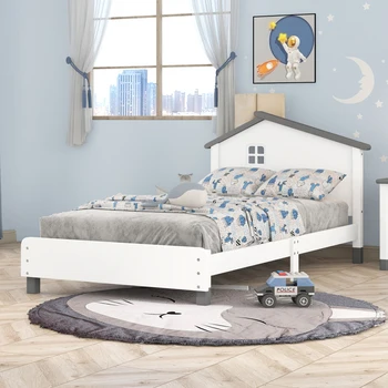 Двуспальная деревянная кровать-платформа с изголовьем в форме домика