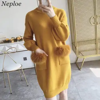Neploe Pull Femme Осень-зима, платье-свитер с длинным рукавом, дизайн кармана из искусственного меха, вязаный пуловер, повседневный джемпер с круглым вырезом 36300