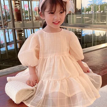 2023 Новое платье принцессы для маленьких девочек, модные летние платья в клетку с пышными рукавами, Элегантная детская одежда для девочек, Vestido, детская одежда
