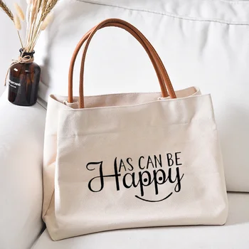 Женская сумка-тоут с принтом Happy, рабочая сумка, подарок для друзей, женская модная холщовая пляжная сумка, сумочка