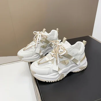 Женские Белые туфли из натуральной кожи, кроссовки на платформе, весенние дышащие спортивные кроссовки на шнуровке на платформе с высокой подошвой