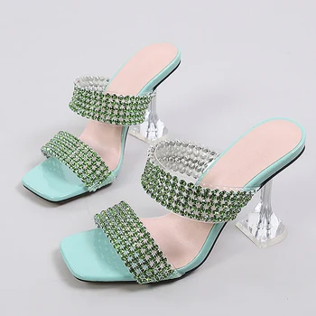 Сексуальные зеленые женские прозрачные тапочки на высоком каблуке со стразами; Летние вечерние модельные туфли; Женские прозрачные сандалии из ПВХ с кристаллами;
