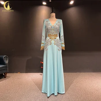 3057 Рейн Эли Сааб V -образный вырез голубое Атласное Платье с Золотыми блестками Для матери robees de soirée, Вечерние платья vestidos de gala