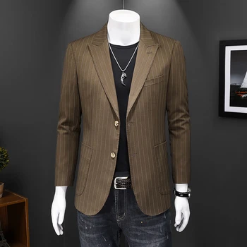 Весенний мужской деловой повседневный модный костюм в полоску цвета хаки, пиджак, тонкое профессиональное вечернее платье, костюм, топ S-5XL, полный размер