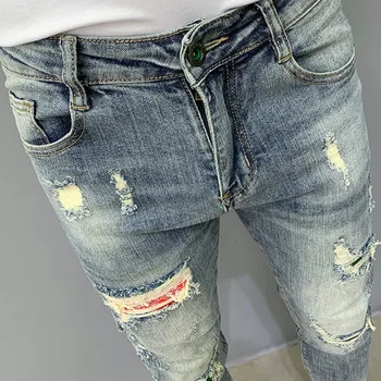 Светло-голубые уличные ретро Рваные джинсы Мужские мотоциклетные брюки Мужские джинсы в стиле панк Хип-хоп Рваные дизайнерские джинсы Мужские брюки