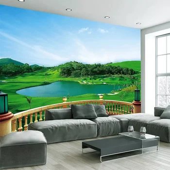 Изготовленная на заказ 3D стереосистема Балкон Поле для гольфа Зеленая водонепроницаемая ткань для стен Гостиная Фон для оформления стен Обои Фреска