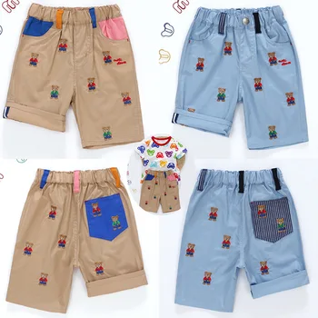 Штаны для мальчика, летние брюки-карго, мультяшный ремень, шорты с вышивкой медведя, брюки с пятью точками