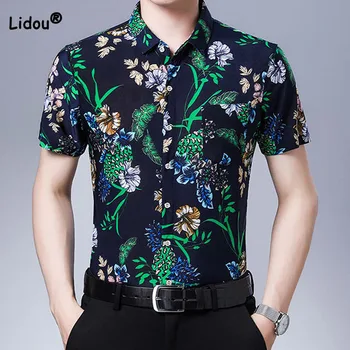 Мужская одежда, Летняя повседневная рубашка-поло с принтом с коротким рукавом, Винтажный тренд, мужская однобортная рубашка с карманами 2023 года, мужские однобортные рубашки
