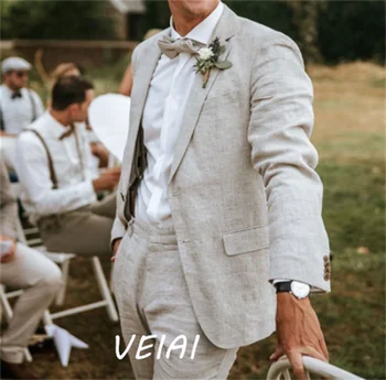 Бежевые льняные костюмы для мужчин, Пляжный приталенный свадебный летний костюм 2023, Смокинг жениха, сшитый на заказ, свадебный костюм из 2 частей на заказ