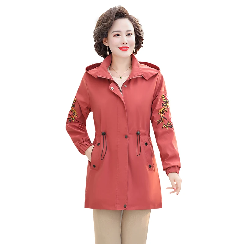 2022 Новая весенне-осенняя куртка Женская длина ветровки для мамы, повседневная куртка, женские топы с капюшоном и вышивкой, верхняя одежда . ' - ' . 2