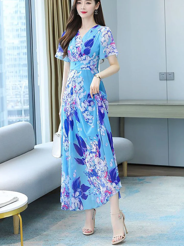 2023 Летние шифоновые платья с V-образным вырезом и принтом, новое элегантное модное платье трапециевидной формы в богемном стиле с высокой талией . ' - ' . 2