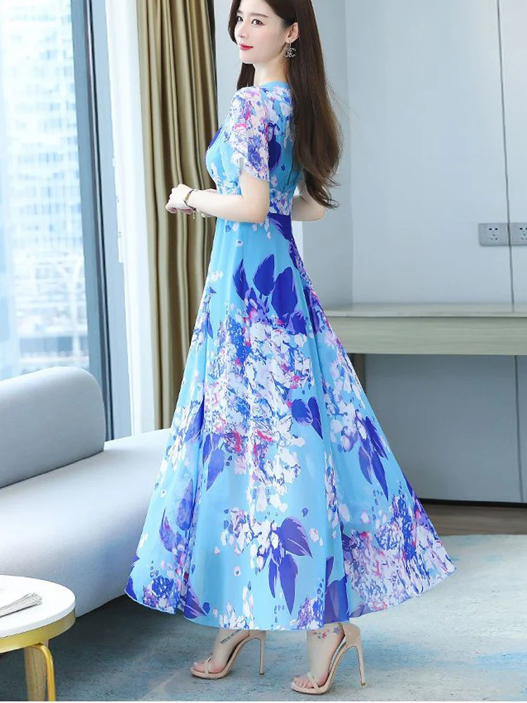 2023 Летние шифоновые платья с V-образным вырезом и принтом, новое элегантное модное платье трапециевидной формы в богемном стиле с высокой талией . ' - ' . 3
