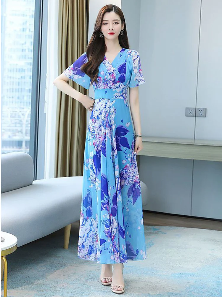 2023 Летние шифоновые платья с V-образным вырезом и принтом, новое элегантное модное платье трапециевидной формы в богемном стиле с высокой талией . ' - ' . 4