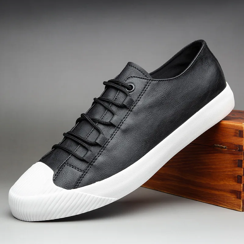 2023, новая модная мужская вулканизированная обувь с низким вырезом, повседневная обувь из натуральной кожи, корейская версия, дышащие черные кроссовки на шнуровке . ' - ' . 1