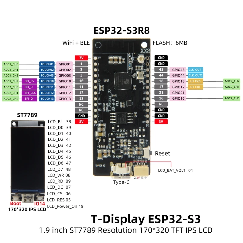 LILYGO T-Display-S3 ESP32-S3 1.9 in ST7789 Плата разработки ЖК-дисплея WIFI Bluetooth-совместимый беспроводной модуль 5.0 . ' - ' . 1