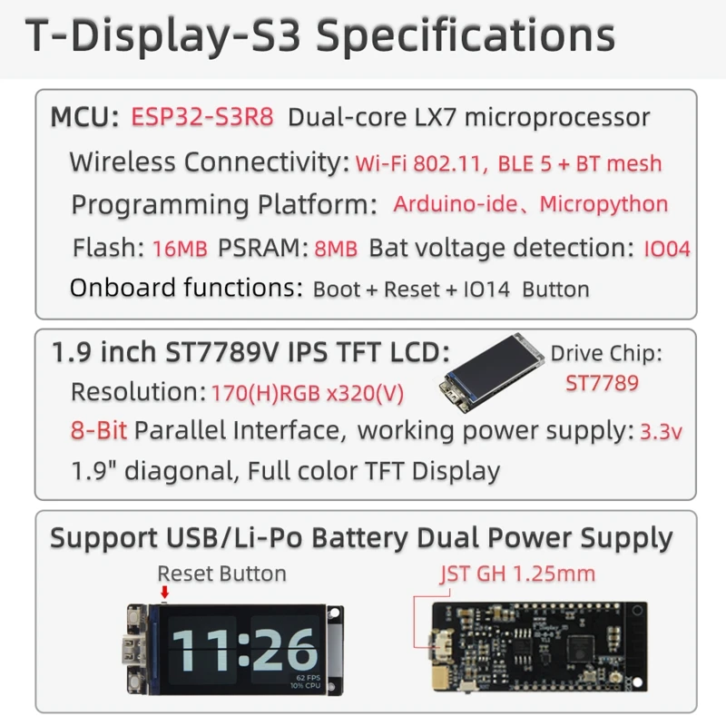 LILYGO T-Display-S3 ESP32-S3 1.9 in ST7789 Плата разработки ЖК-дисплея WIFI Bluetooth-совместимый беспроводной модуль 5.0 . ' - ' . 5