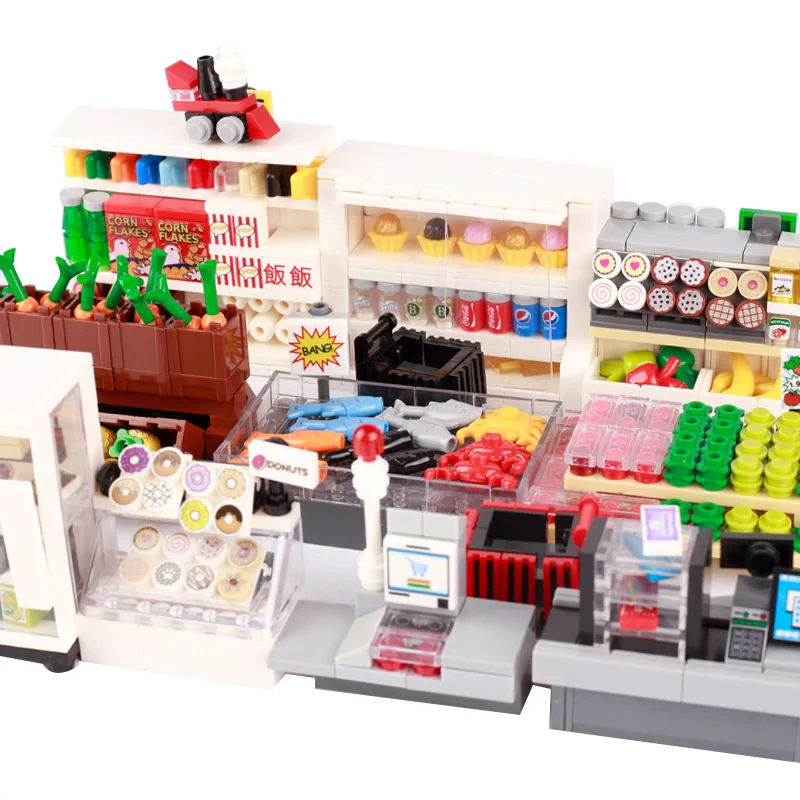 MOC Супермаркет, магазин строительных блоков City Friend, аксессуары для еды, овощей, десертов, кубики с принтом, классические игрушки 