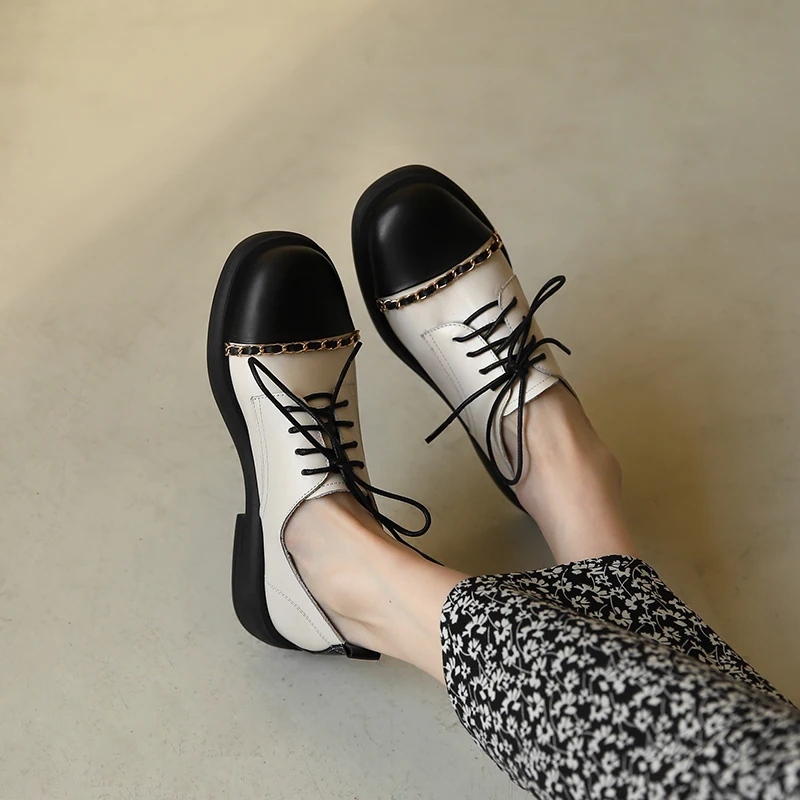 Smirnova 2023/ Новая женская повседневная обувь смешанных цветов, женские туфли-лодочки из натуральной кожи на шнуровке, туфли на платформе на среднем квадратном каблуке . ' - ' . 3