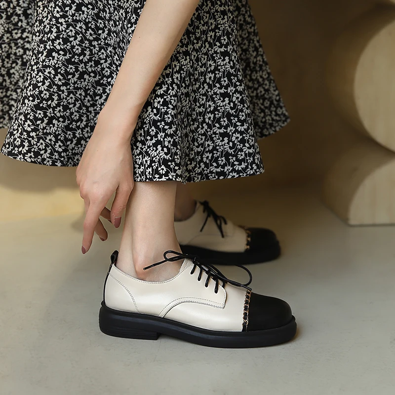 Smirnova 2023/ Новая женская повседневная обувь смешанных цветов, женские туфли-лодочки из натуральной кожи на шнуровке, туфли на платформе на среднем квадратном каблуке . ' - ' . 4