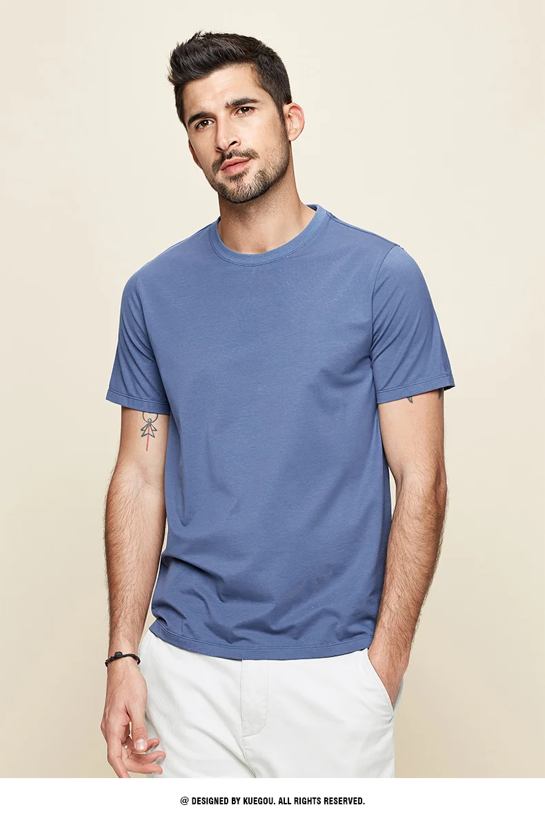 W4285-Удобная модальная хлопчатобумажная футболка с коротким рукавом, мужская приталенная однотонная рубашка с эластичным низом и круглым вырезом . ' - ' . 0