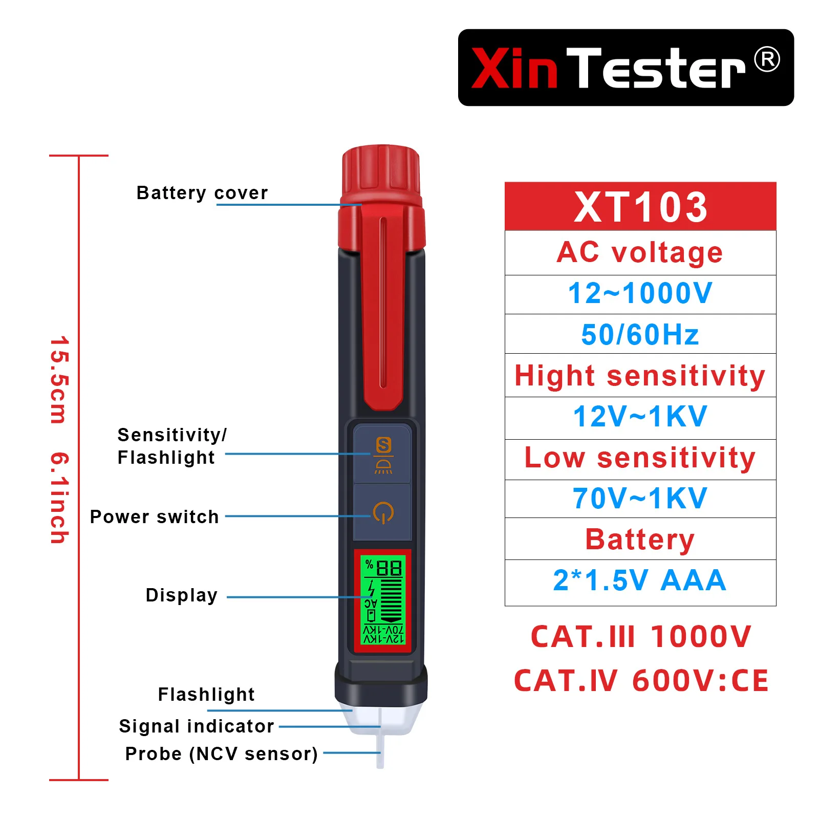 Xin Тестер Бесконтактный датчик напряжения переменного тока Ручка 12 В-1000 В Фонарик с подсветкой, Автоматическое отключение, Точка останова, Определение электрического измерения . ' - ' . 5